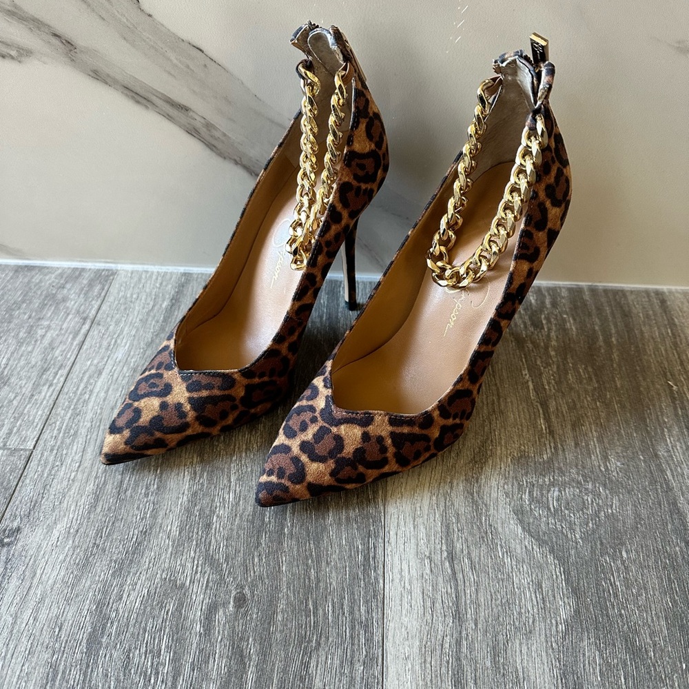 Jessica  Simpson Leopard Print Stiletto Heels with Gold Chain
